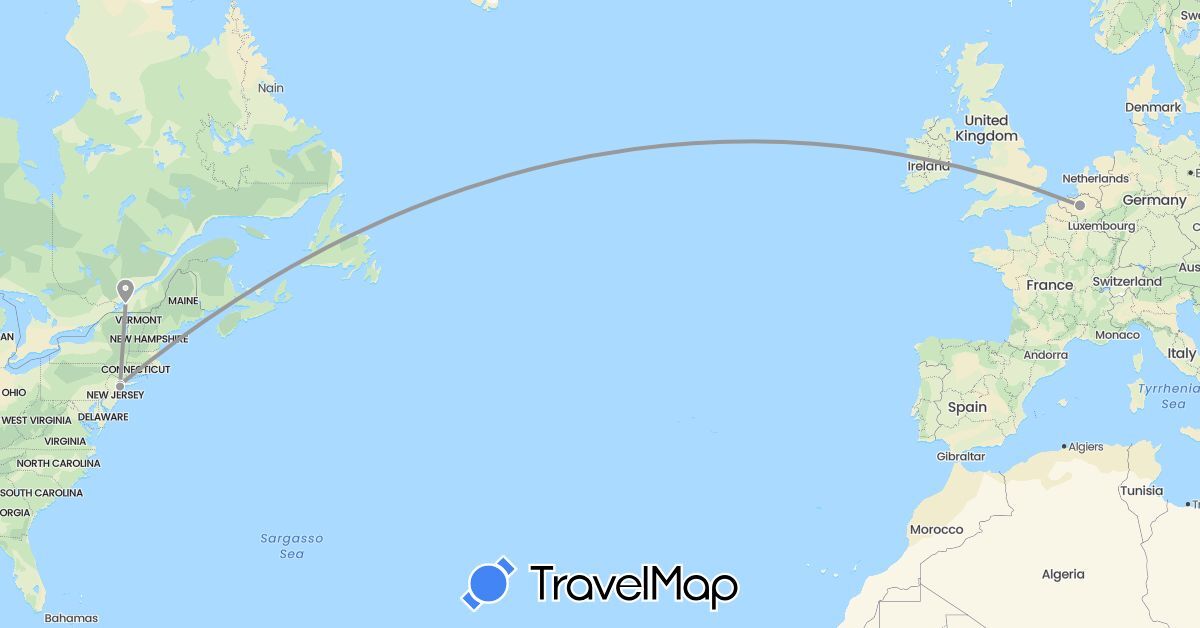 TravelMap itinerary: driving, plane in Belgium, Canada, United States (Europe, North America)